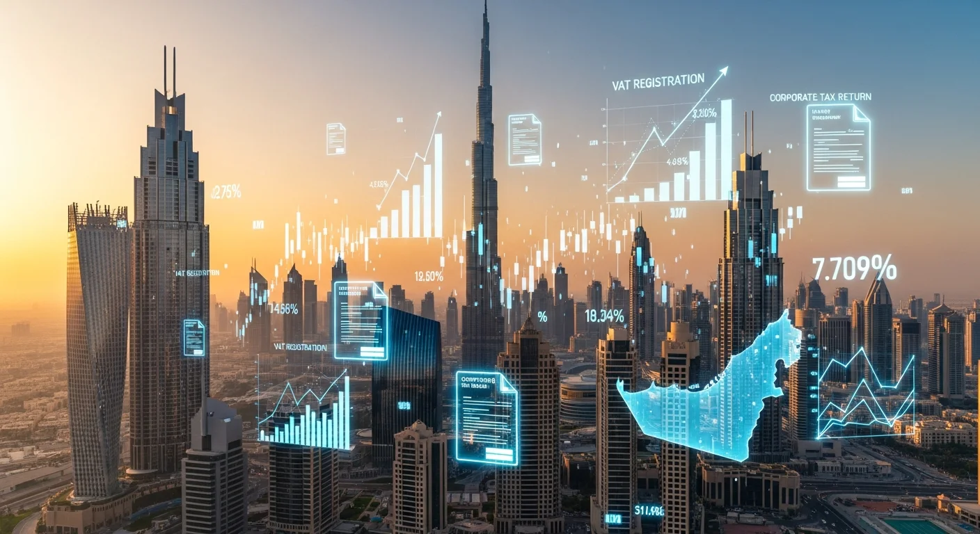 Dubai business district with financial data overlay representing the UAE accounting and tax compliance landscape in 2026