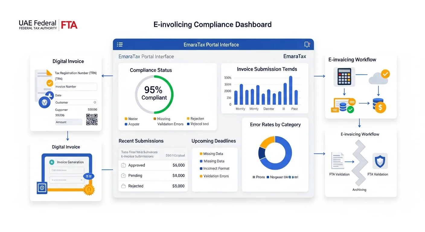 UAE Federal Tax Authority FTA e-invoicing compliance dashboard showing EmaraTax portal and structured digital reporting requirements for 2026