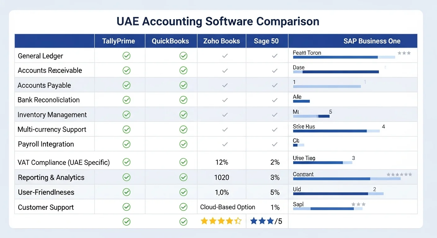 Side-by-side comparison chart of the top 10 UAE accounting software platforms rated on FTA compliance, e-invoicing readiness, and AED pricing